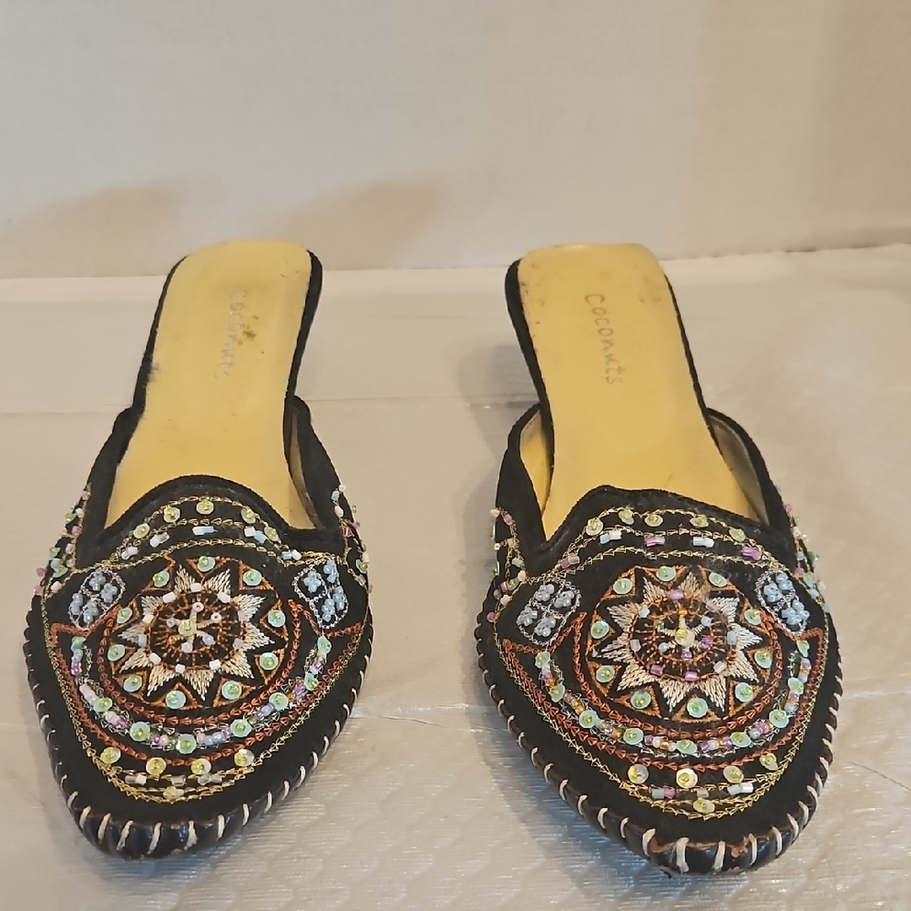Coconuts by Matisse Black and Multicolor Embellished Mules
